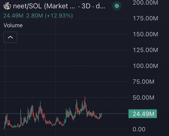 Trading chart for neet/SOL showing 3-day price action with 24.49M volume (+12.93%) and 2.80M.