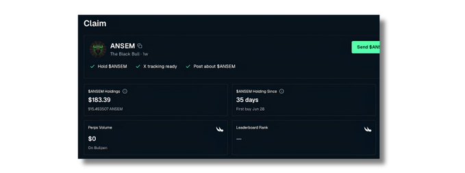 A dark-themed claim dashboard showing ownership details for the $ANSEM token (The Black Bull), with holdings valued at $183.39, a 35-day holding period since Jun 28, and a Send Bank button.