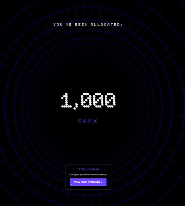The image shows a webpage with a purple background featuring a clock that reads "1,000 $ARX". The text below the clock indicates that the user has completed 1,000 tasks on the platform and is entitled to receive 1,000 $ARX in return.