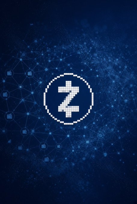 A digital illustration of a pixelated Zcash (ZEC) cryptocurrency logo in white on a dark blue background with a network/node connection pattern.