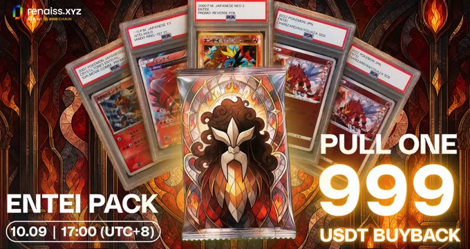 An advertisement for rendiss.xyz's 'Entei Pack' Pokémon card drop with 'PULL ONE 999 USDT BUYBACK' on a fiery background.