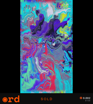 A vibrant, colorful abstract digital artwork with swirling pixel-like patterns in cyan, pink, red, and purple, labeled 'SOLD' with 'ord' logo and a price of 0.002 ($150) at the bottom.