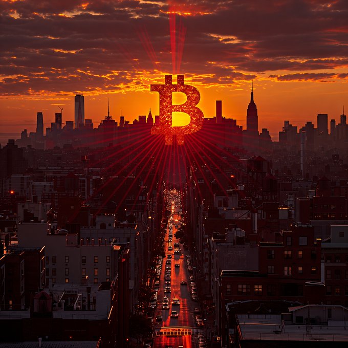 A dramatic sunset cityscape showcases a massive glowing Bitcoin 'B' symbol radiating red light beams over the urban skyline and a busy street below.