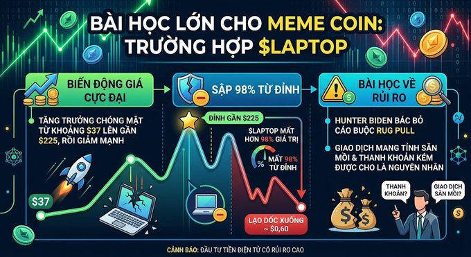 A Vietnamese infographic titled 'BÀI HỌC LỚN CHO MEME COIN: TRƯỜNG HỢP $LAPTOP' illustrating the rise and 98% crash of the $LAPTOP meme coin, with warnings about rug pulls and investor losses.