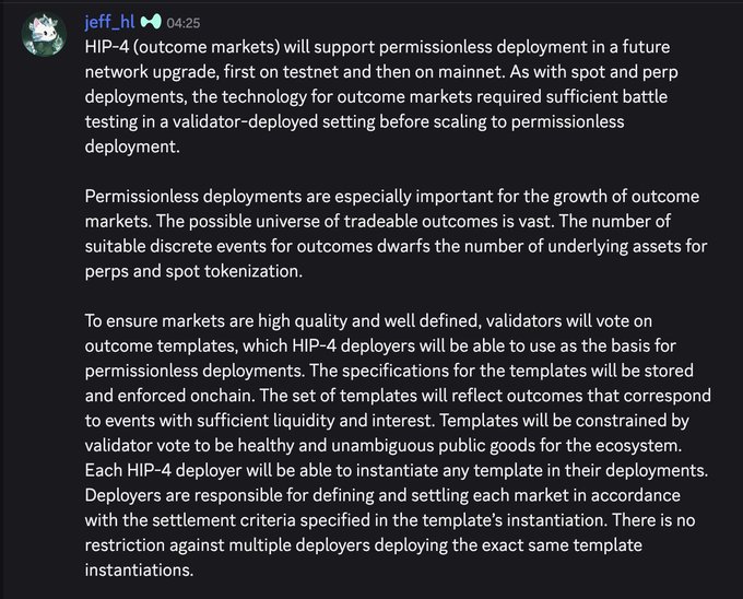 A Discord message from "jeff.hl" at 04:25 announcing that HIP-4 (outcome markets) will support permissionless deployment in a future network upgrade, explaining that validators will vote on outcome templates to ensure quality, while deployers can instantiate any template for their markets. The post aligns with the accompanying caption celebrating this BREAKING development for Hyperliquid's permissionless outcome markets.