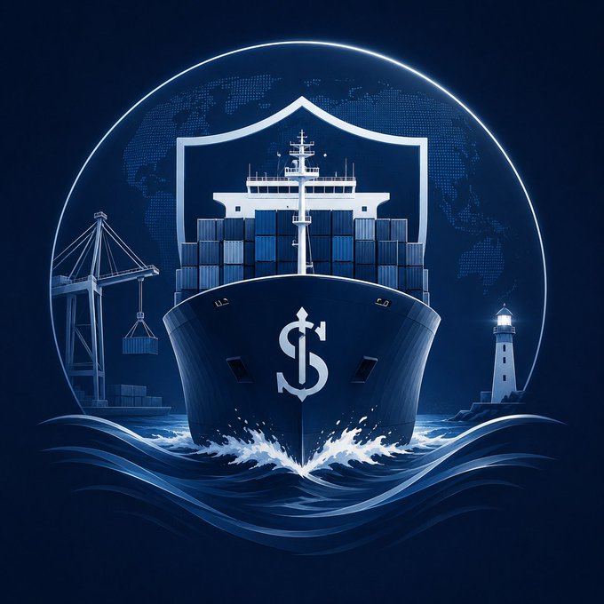 A blue-tinted graphic features a large cargo ship with a dollar sign on its bow sailing through waves, with a shipping port crane and lighthouse in the background.