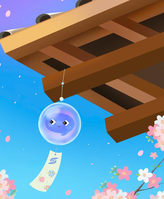 A digital illustration showing a cute blue character inside a glass wind chime hanging from a wooden eave, with cherry blossoms and a tag with a cloud symbol below.