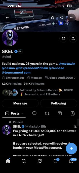 An X (Twitter) profile page for SKEL (@skel) with 1.3K Following and 91.1K Followers, an entrepreneur based in Monaco, with a pinned tweet about giving away $100,000 to a follower.