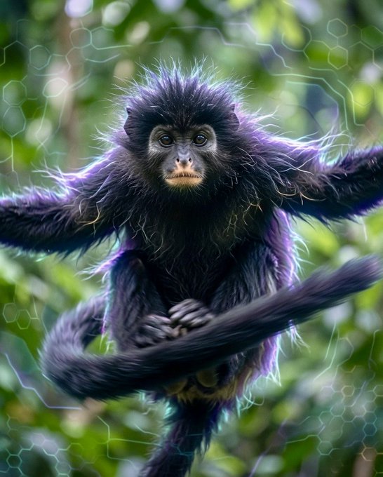 A digital artwork of a black monkey with purple highlights sitting on a branch, surrounded by green foliage and faint technological patterns.