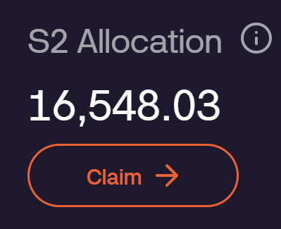 A dark-themed screen showing "S2 Allocation" of 16,548.03 with an orange-bordered "Claim" button and arrow icon.