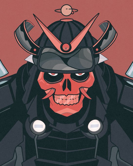 Stylized illustration of a menacing red skull-like mecha or cyborg with samurai-style helmet horns and dark armor against a dark red background.