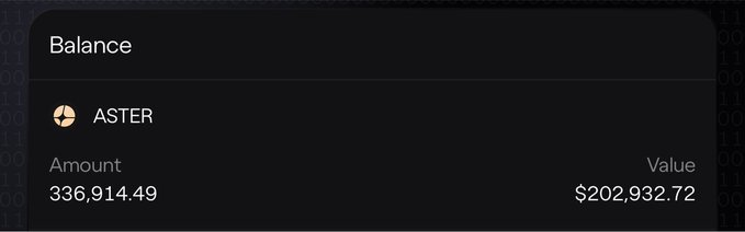 A dark-themed cryptocurrency wallet balance interface showing 336,914.49 ASTER tokens with a value of $202,932.72.