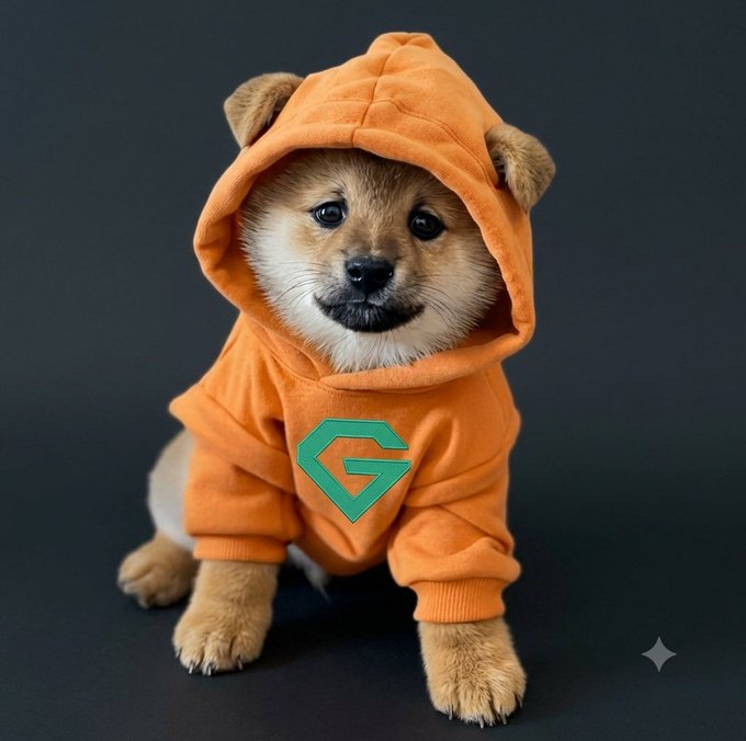 An adorable Shiba Inu puppy wearing an orange hoodie with a green 'G' logo, photographed against a dark gray background.