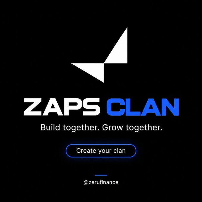 A promotional graphic on a black background displays a white logo and the text 'ZAPS CLAN - Build together. Grow together.' with a 'Create your clan' button and '@zerufinance' handle.