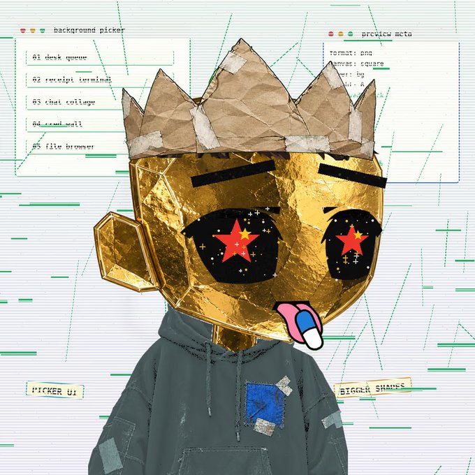 A digital collage featuring a gold foil-wrapped head with a cardboard crown, large star-shaped eyes, and a pink and blue tongue, wearing a grey patched hoodie against a retro computer interface background with 'background picker' and 'preview note' windows.