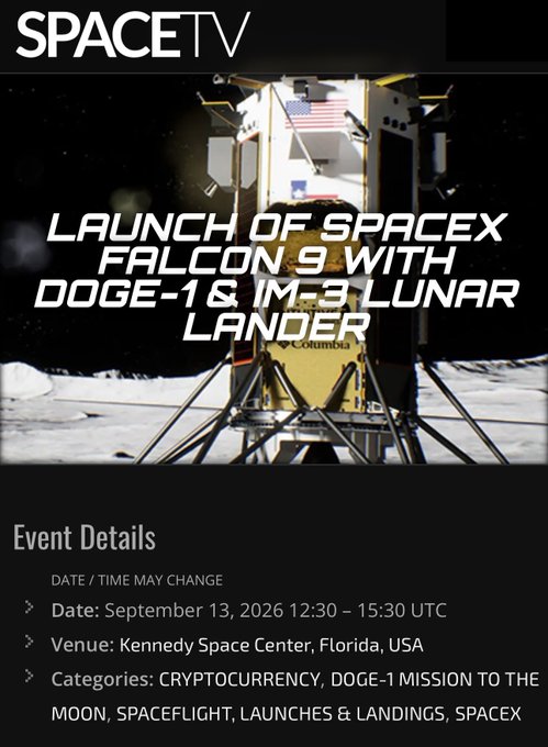A SpaceTV promotional graphic announces the 'LAUNCH OF SPACEX FALCON 9 WITH DOGE-1 & M-3 LUNAR LANDER,' featuring an image of a lunar lander with an American flag, scheduled for September 13, 2026 at the Kennedy Space Center in Florida.