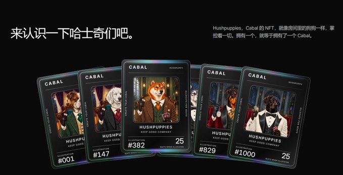 An NFT collection called 'Hushpuppies' by CABAL is displayed on trading cards featuring various dog characters in suits, with text in Chinese reading '来认识一下哈士奇们吧'.