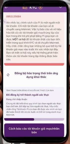 The image shows a Vietnamese-language KYC support page from the Pi Network app, with the phone number "0962135684" displayed at the top. The screen explains Mainnet requirements, account synchronization, and reporting fake accounts, which relates to the post's warning about users potentially missing their only chance at Pi Network by violating content rules or falling for scams.