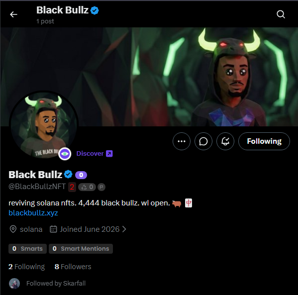 A Twitter/X profile page for 'Black Bullz' (@BlackBullzNFT) with a verified badge, showing avatar art of a horned character and bio text 'reviving solana nfts. 4,444 black bullz. wl open.'