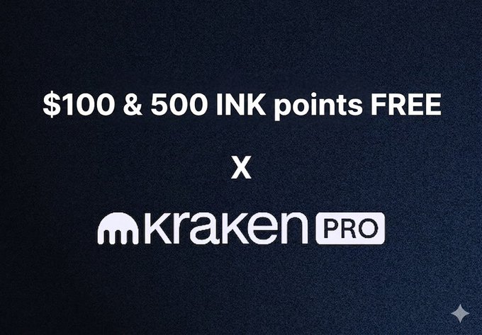 The image shows a banner advertisement that promotes a $100 and $500 ink rewards offer from Kraken Pro. The text on the banner says "Qualify for the #INK airdrop & earn $100 on top of it Time: 10 mins Cost: $2 So @krakenpro is currently running this campaign with 500 INK points and $100 in BTC bonus for new users Join Kraken with affiliate code: proinvite.kraken.com/9f1e/yhgcam05". The advertisement also includes a star, which suggests that the content might be relevant to video or social media platforms. Overall, it is an informative and attractive display of the ink rewards offer from Kraken Pro.