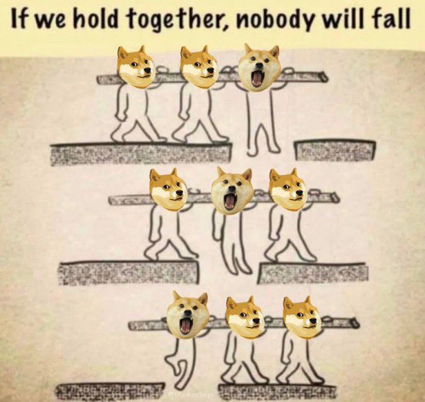 A meme with the text 'If we hold together, nobody will fall' above three drawings of stick figures with Shiba Inu heads crossing a bridge together.