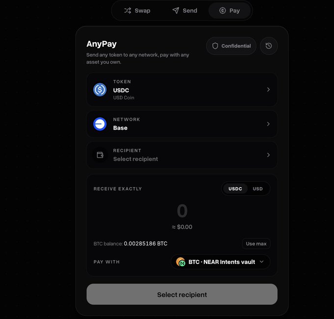 A screenshot of the 'AnyPay' payment interface showing options to send USDC on the Base network, with a BTC balance of 0.00285186 BTC and tabs for Swap, Send, and Pay.