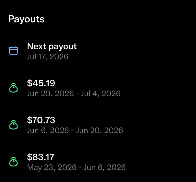 Payouts screen listing next payout on Jul 17, 2026, followed by completed payouts of $45.19 (Jun 20 - Jul 4, 2026), $70.73 (Jun 6 - Jun 20, 2026), and $83.17 (May 23 - Jun 6, 2026).