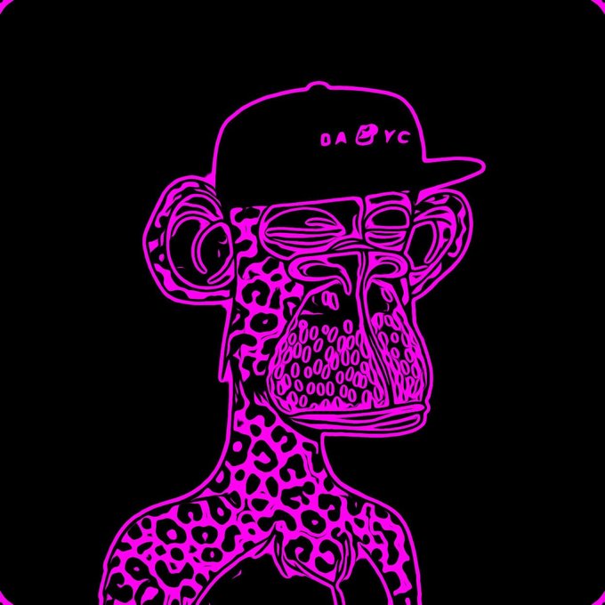 A stylized neon pink line-art illustration of a monkey wearing sunglasses and a cap with the letters 'BAYC', set against a black background.
