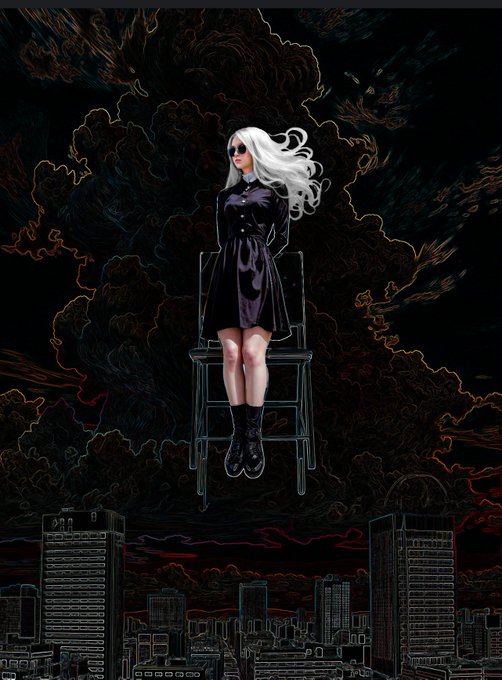 Anime-style illustration of a silver-haired girl in a black coat and boots sitting on a chair that floats above a dark cityscape under swirling clouds.