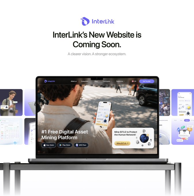 The image shows InterLink's "Coming Soon" teaser page announcing their new website with the tagline "A clearer vision. A stronger ecosystem," featuring a laptop mockup of the redesigned site that promotes the "#1 Free Digital Asset Mining Platform" alongside app download buttons for App Store, Play Store, and APK Pure. The accompanying post's note about InterLink outgrowing its "mining-app roots" aligns with the teaser, which hints at a broader ecosystem vision extending beyond the mining platform prominently displayed on the previewed homepage.