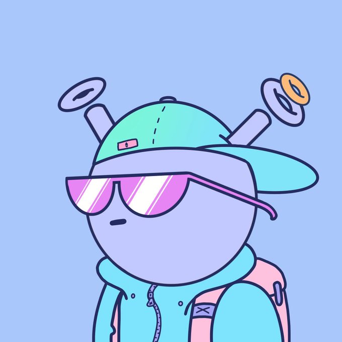 A cartoon illustration of a cute purple character wearing a teal baseball cap, pink-tinted sunglasses, and a hoodie against a light blue background.