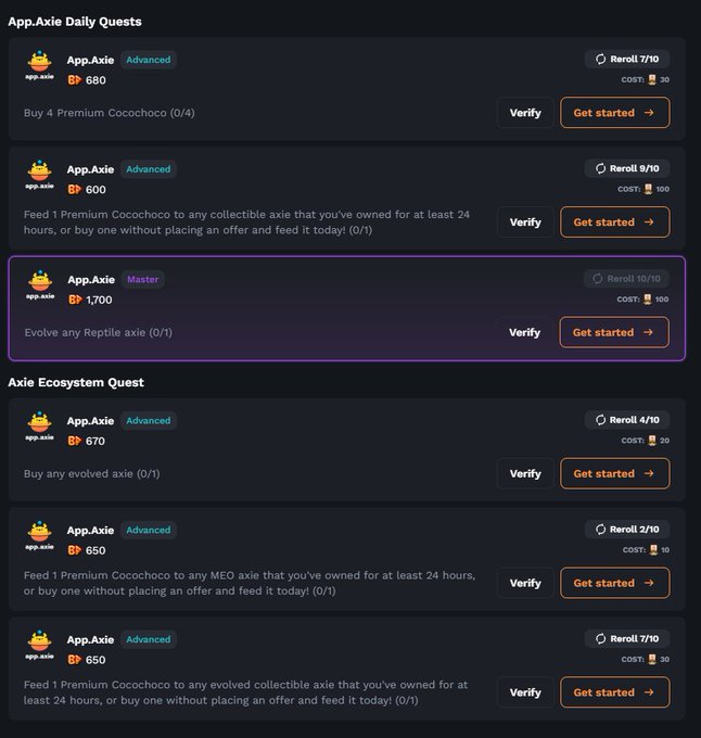 A screenshot of a 'Axie Daily Quest' interface displaying tasks such as 'Buy 4 Premium Cocochoco' and 'Evolve any Reptile axie' with 'App.Axie' branding and various reward points.