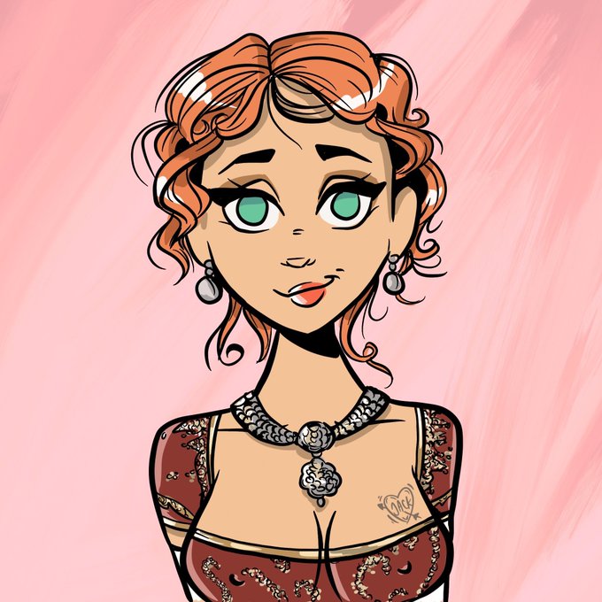 A digital illustration of a stylized young woman with curly orange hair, green eyes, drop earrings, a silver necklace, and a red patterned top set against a pink background.