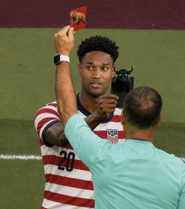 A soccer referee holding up a red card toward a USA #20 player, with a bear image on the red card and a bull image on the referee's other card.