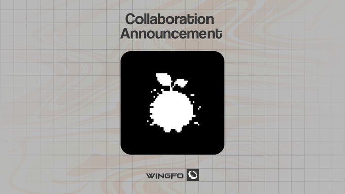 A collaboration announcement graphic featuring a pixel-art apple icon on a black background, with the text "Collaboration Announcement" at the top and "WINGFO" logo at the bottom.