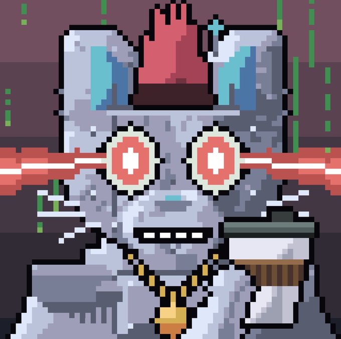 A pixel art illustration depicts a grey-skinned character with red and white target-like eyes, a red crown-like crest, and a beaded necklace, holding a cup while red laser beams cross in front of them.