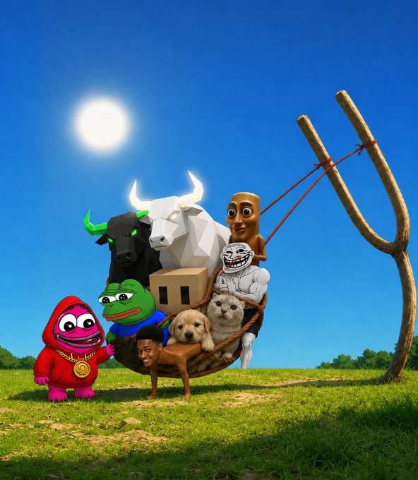 A surreal digital artwork featuring a slingshot loaded with various internet meme characters, including a black bull, white bull, Doge, Pepe, Trollface, a smiling man, and a cat, with a pink hooded figure standing beside it in a grassy field.
