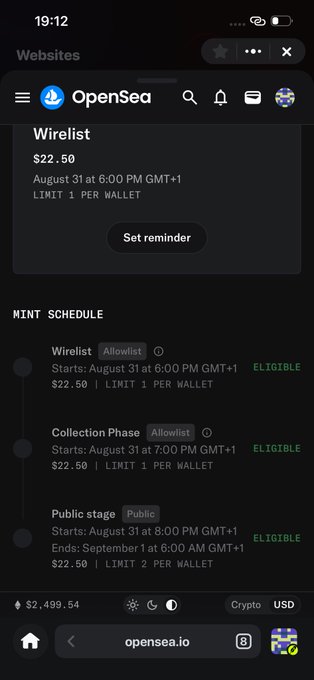 A mobile screenshot of the OpenSea NFT marketplace website displaying a Wirelist NFT mint schedule with prices of $22.50, showing allowlist and public stages starting August 31 at 6:00 PM GMT+1.