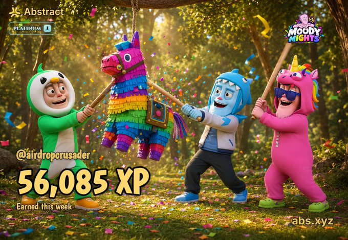 A promotional image for 'Moody Nights' on Abstract showing three characters in animal costumes (green penguin, pink unicorn) hitting a colorful piñata, with text reading '56,085 XP Earned this week' and '@airdroperusader'.