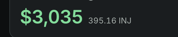 A dark screen shows a wallet balance of "$3,035" in large green text alongside "395.16 INJ," confirming the post's claim that a single INJ coin has surpassed the $3,000 mark.