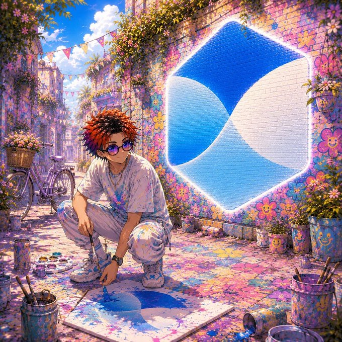 An anime-style illustration of a young man with red hair and sunglasses crouching while painting a large blue SUI logo on a brick wall covered in colorful flowers and splattered paint.