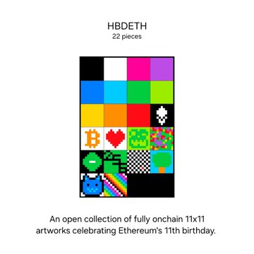 A digital poster titled "HBDETH" showcasing 22 pixel-art pieces in a colorful grid, promoting an open collection of fully onchain 11x11 artworks celebrating Ethereum's 11th birthday. The caption notes this represents the first of two art projects deployed by Jalil, with this collection featuring 22 pieces alongside a larger second project containing 35,245 artworks.