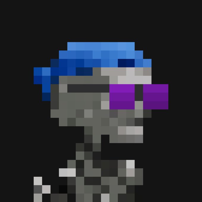 A pixelated skeleton wearing a blue bandana and purple sunglasses is shown, matching the Argonaut-themed NFT claim from MuseFacktory that came with a bandana accessory.