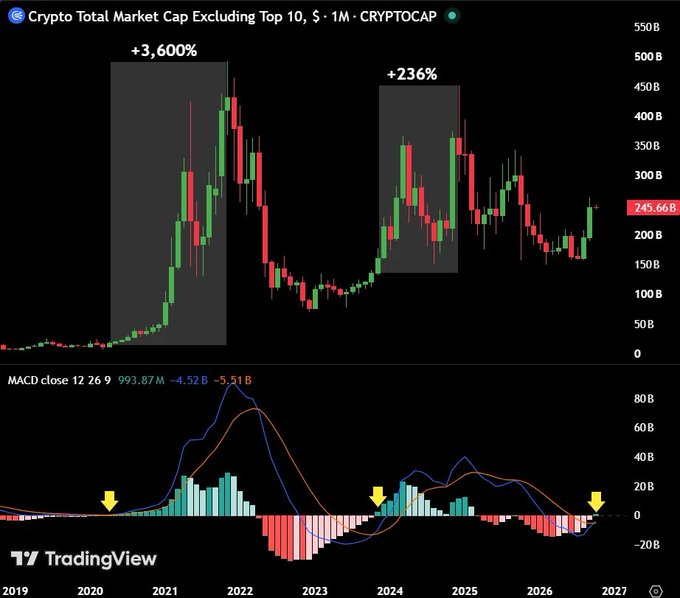 A TradingView chart of "Crypto Total Market Cap Excluding Top 10" (CRYPTOCAP) on a 1-month timeframe, showing the monthly MACD indicator flipping bullish (currently at 12.26) for the first time in 19 months, with annotated historical pumps of +3,600% and +236% following previous bullish MACD crossovers (marked by yellow arrows), visually reinforcing the post's claim that altcoins tend to surge strongly when this indicator turns green.
