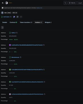 A dark-themed cryptocurrency block explorer page displaying details for transaction hash beginning with b8c0e8..., showing token transfers involving addresses labeled 'INSC2', 'berksstack', and others with their respective quantities and percentages.