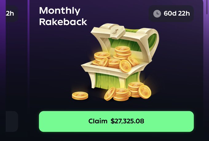 The image illustrates the accompanying post by displaying a "Monthly Rakeback" claim screen with a glowing green button reading "Claim $27,325.08" alongside a treasure chest overflowing with gold coins.

The 60d 22h countdown timer in the top right emphasizes the limited time remaining to claim this generous offer.