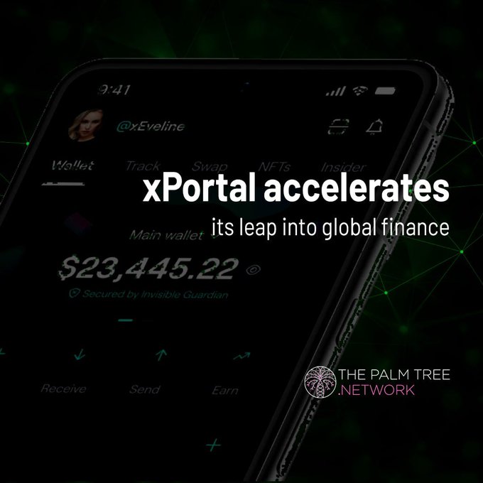 Promotional graphic showing a smartphone displaying a crypto wallet with the text 'xPortal accelerates its leap into global finance' and 'The Palm Tree Network' logo.