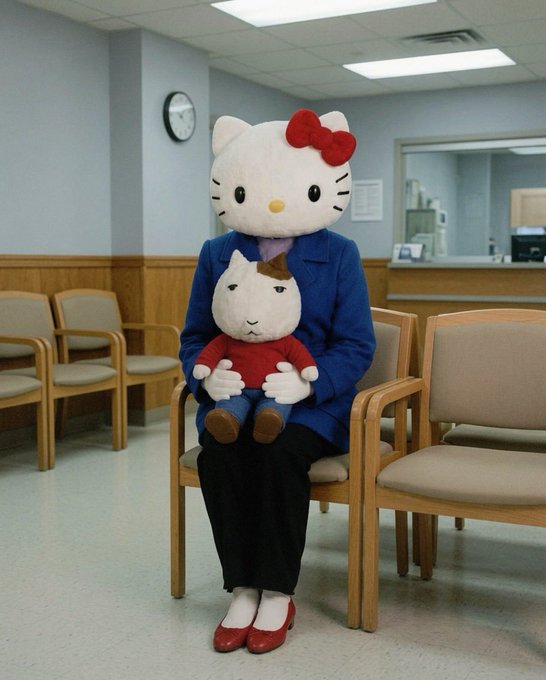 A person wearing a large Hello Kitty mascot head and blue blazer sits in a waiting room holding a smaller plush cat, evoking the OG cat meme culture referenced in the post alongside tickers like $KET and $POPCAT. The scene blends innocent childhood iconography with the surreal, meme-stock aesthetic of cat-themed crypto culture.