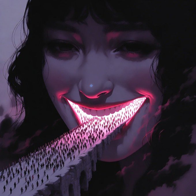 A dark surreal illustration of a sinister smiling woman with glowing red eyes and a mouth filled with a stream of shadowy human figures walking into darkness.