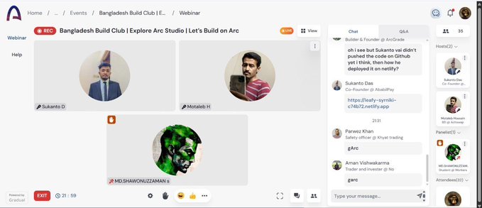 A screenshot of an Arc browser webinar titled 'Bangladesh Build Club | Explore Arc Studio | Let's Build on Arc' featuring hosts Sukanto D and Motalleb H, with a live chat panel on the right side.